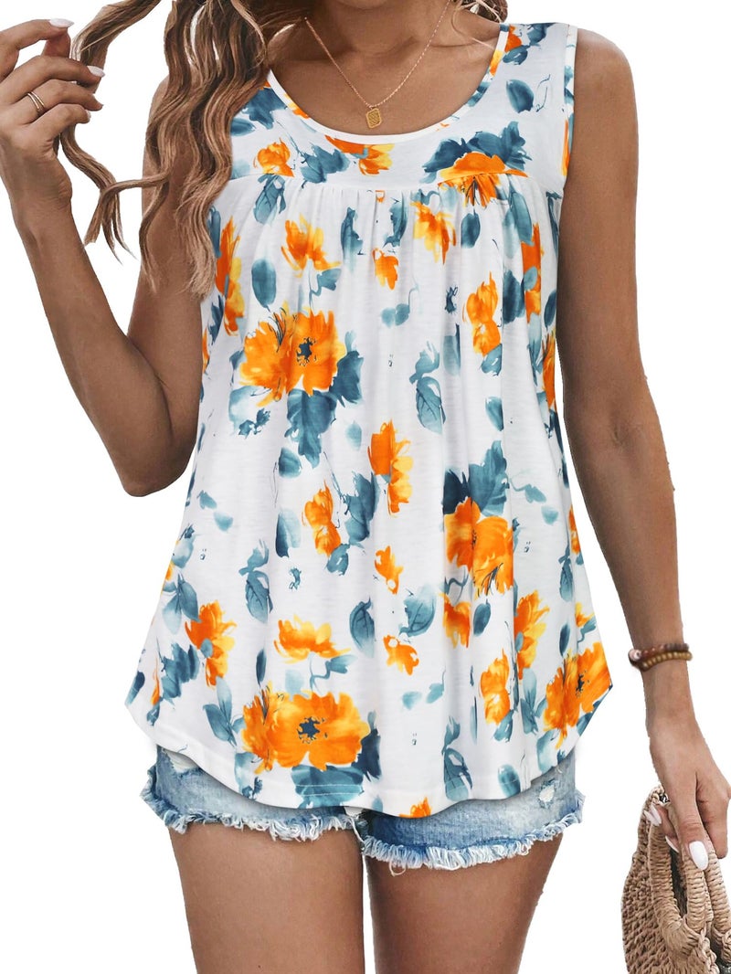 CHICGAL Womens Tank Tops Summer Basic Sleeveless Blouse Crewneck Casual Loose Fit Tunic Shirts(Orange Flower,XL) - Image 1