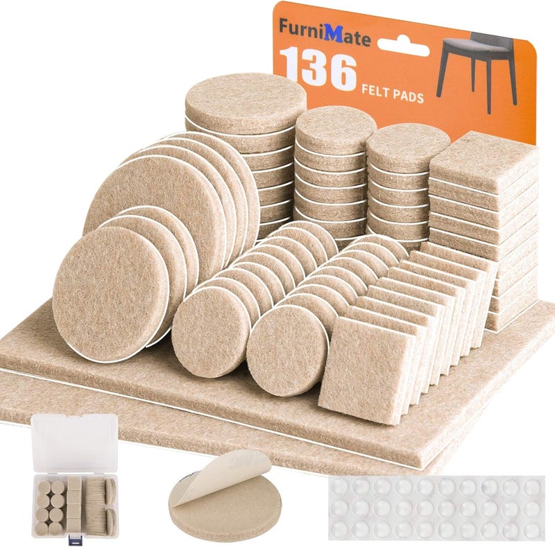FURNIMATE Felt Furniture Pads-136 Pieces Felt Pads for Furniture Beige 5mm Thick, Floor Savers for Furniture Anti Scratch, Best Floor Protectors with Case for Hardwood Floors - Image 1