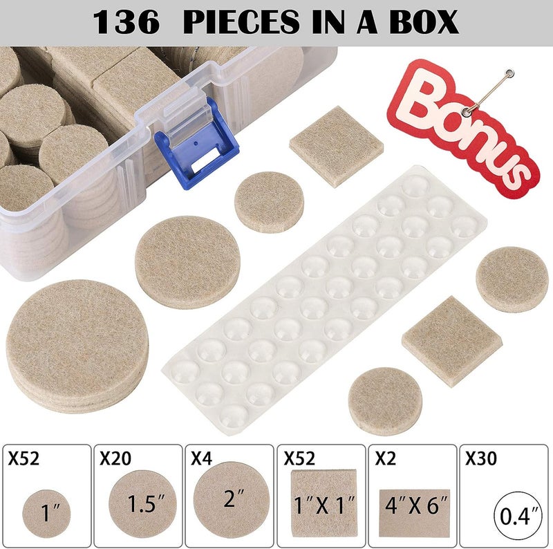 FURNIMATE Felt Furniture Pads-136 Pieces Felt Pads for Furniture Beige 5mm Thick, Floor Savers for Furniture Anti Scratch, Best Floor Protectors with Case for Hardwood Floors - Image 2