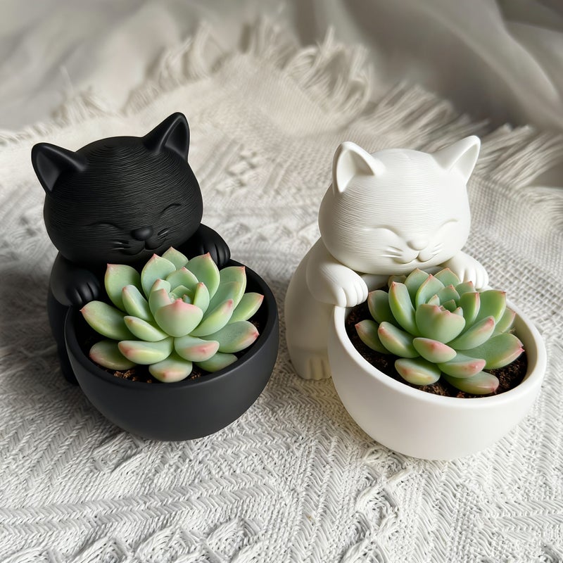 Bright White Cat Shaped Planter With Drainage Holes For Succulents Small Plants Cacti - Image 2