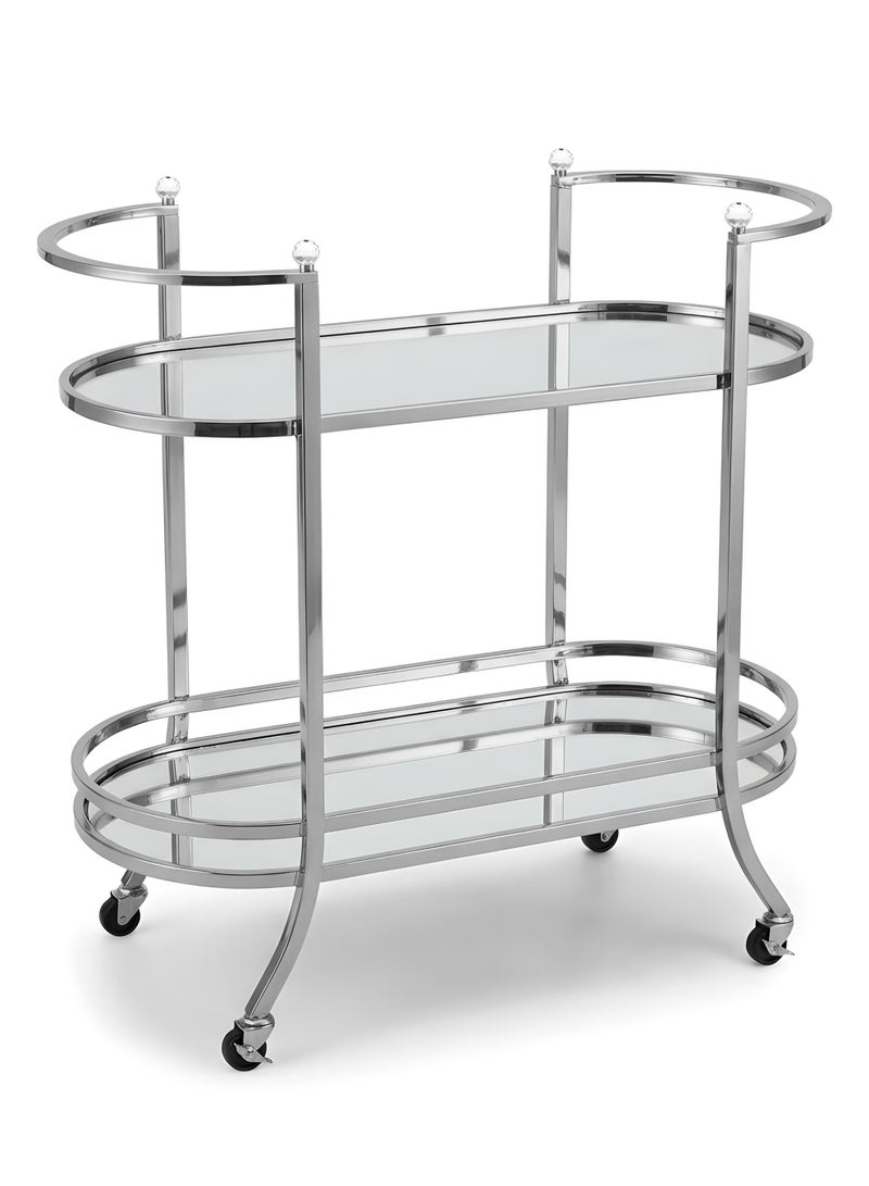 Life Smile Modern Silver 2-Tier Serving Trolley with Mirror Glass Shelves – 90x42.5x94 cm Rolling Bar Cart with Crystal Accents – Multi-Purpose Food Storage Trolley - Image 1