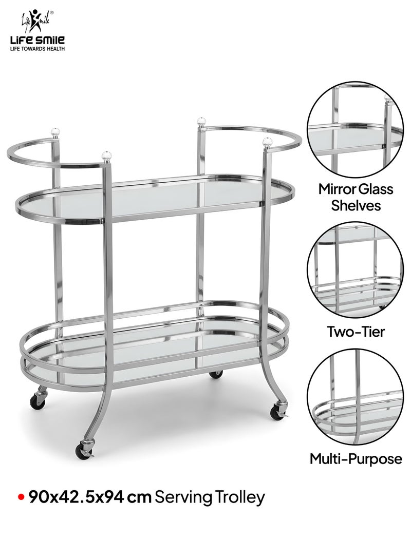Life Smile Modern Silver 2-Tier Serving Trolley with Mirror Glass Shelves – 90x42.5x94 cm Rolling Bar Cart with Crystal Accents – Multi-Purpose Food Storage Trolley - Image 2
