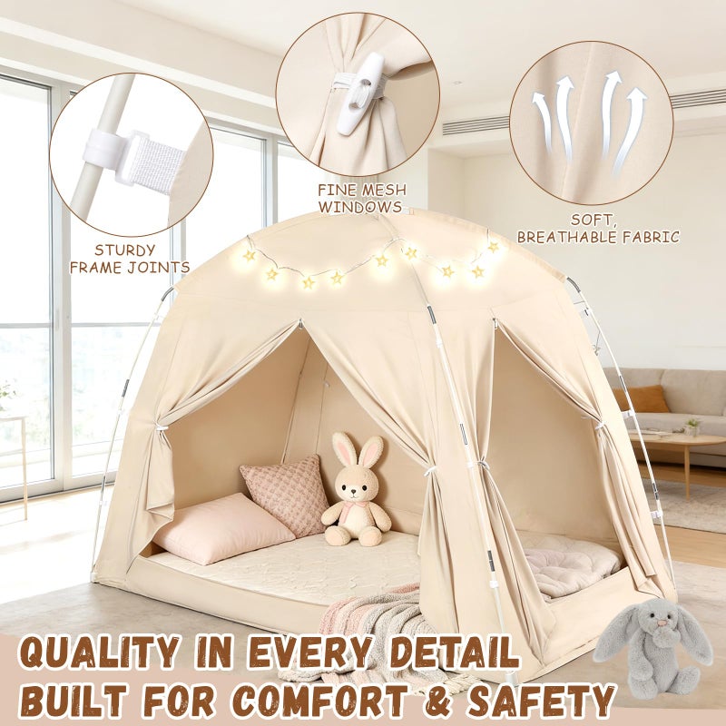 73Hours Bed Tents for Kids and Adults, Portable 100% Breathable and 85% Blackout Dream Play Tent, 3 Doors Big Privacy Space Sleeping Canopy for Floor or Twin Full Queen Sizes Bed (Beige, Full-Size) - Image 3