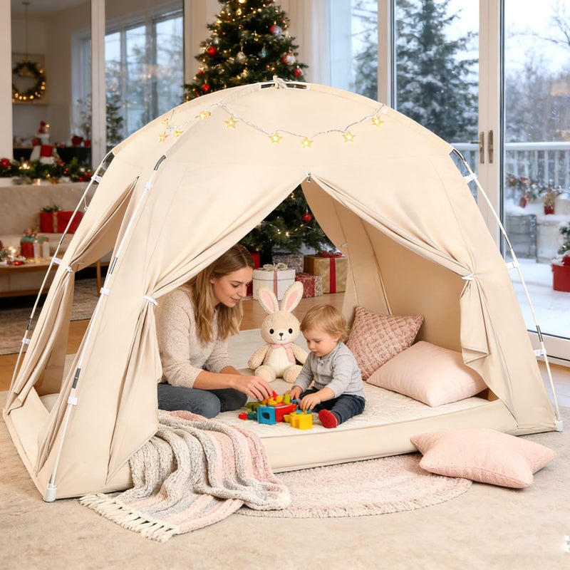 73Hours Bed Tents for Kids and Adults, Portable 100% Breathable and 85% Blackout Dream Play Tent, 3 Doors Big Privacy Space Sleeping Canopy for Floor or Twin Full Queen Sizes Bed (Beige, Full-Size) - Image 1