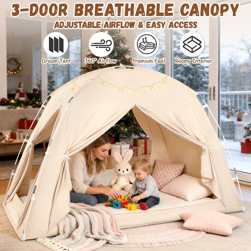 73Hours Bed Tents for Kids and Adults, Portable 100% Breathable and 85% Blackout Dream Play Tent, 3 Doors Big Privacy Space Sleeping Canopy for Floor or Twin Full Queen Sizes Bed (Beige, Full-Size) - Image 2