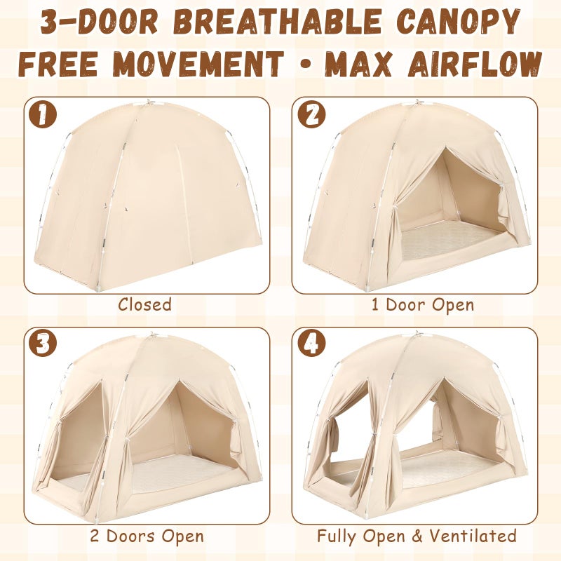 73Hours Bed Tents for Kids and Adults, Portable 100% Breathable and 85% Blackout Dream Play Tent, 3 Doors Big Privacy Space Sleeping Canopy for Floor or Twin Full Queen Sizes Bed (Beige, Full-Size) - Image 4