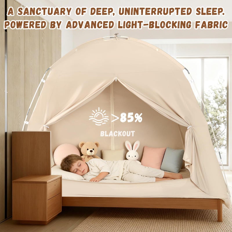73Hours Bed Tents for Kids and Adults, Portable 100% Breathable and 85% Blackout Dream Play Tent, 3 Doors Big Privacy Space Sleeping Canopy for Floor or Twin Full Queen Sizes Bed (Beige, Full-Size) - Image 5
