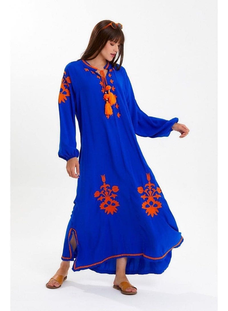 Viscose embroidered long dress, blue 