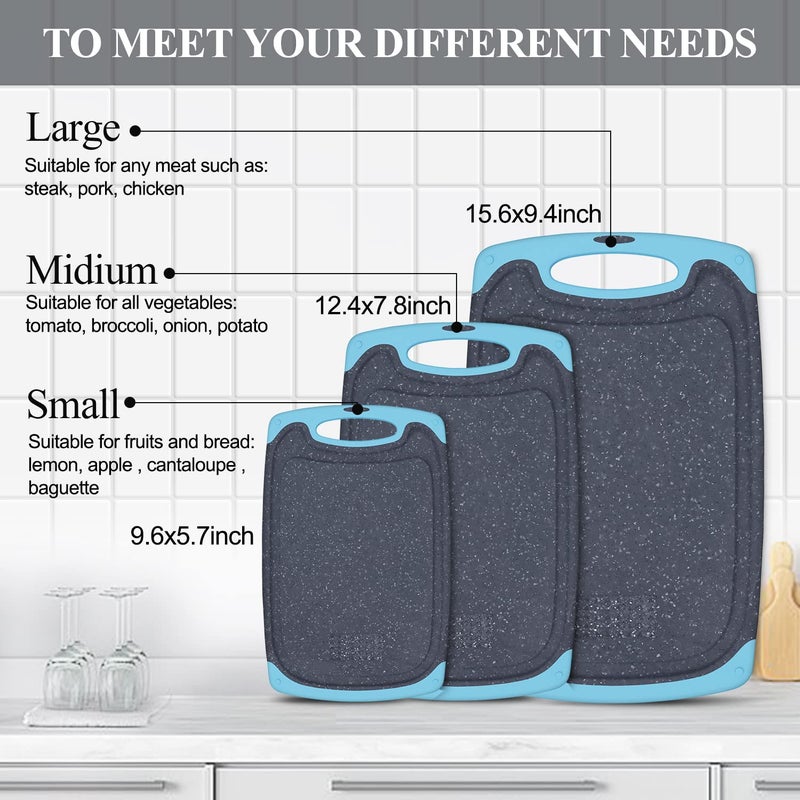 Viretang Plastic Cutting Board  3 Pieces Dishwasher Safe Cutting Boards With Juice Grooves  Easy Grip Handle  Non-Slip  With Grinding Area For Grinding Garlic And Ginger(Aqua) - Image 3