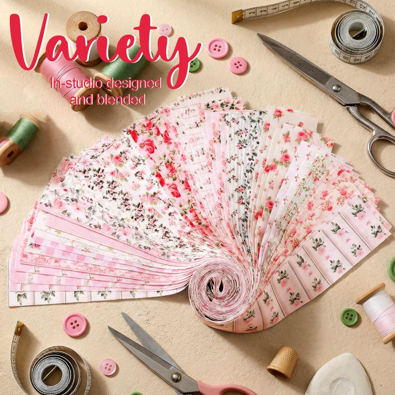 Remagr 100 Pcs Spring Floral Fabric Strips Cotton Pink Floral Jelly Fabric Bundles for Quilting Roll 20 x 2.55 Inch Vintage Retro Flower Quilting Patchwork Material for Sewing Quilters Cloth DIY Craft - Image 3