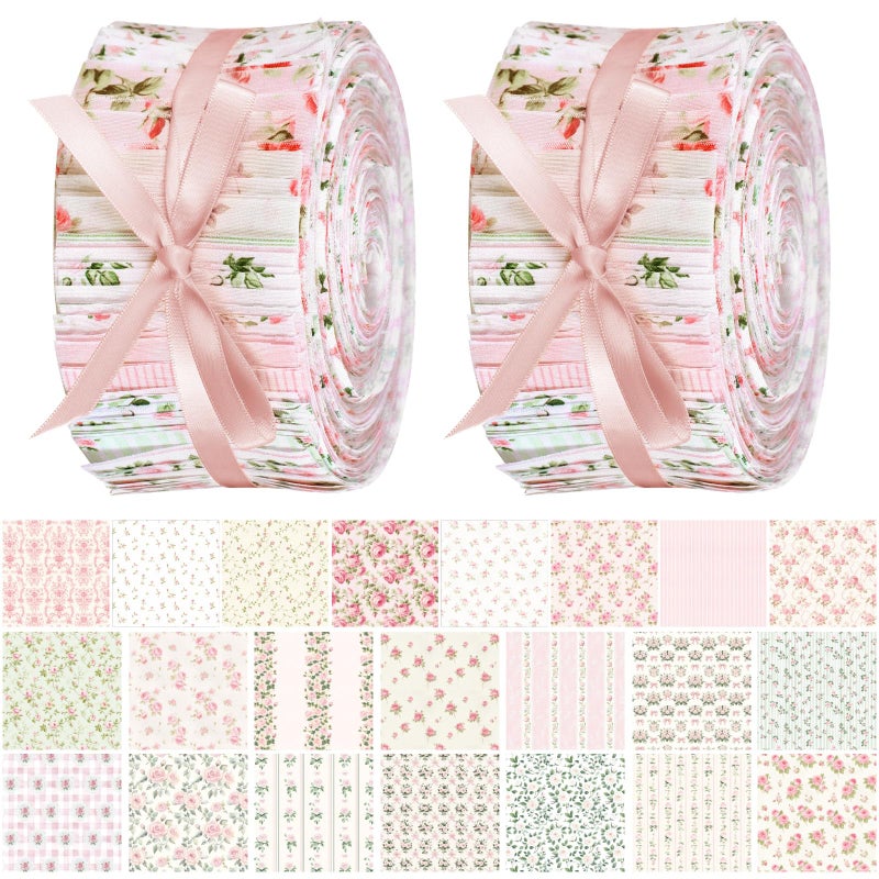 Remagr 100 Pcs Spring Floral Fabric Strips Cotton Pink Floral Jelly Fabric Bundles for Quilting Roll 20 x 2.55 Inch Vintage Retro Flower Quilting Patchwork Material for Sewing Quilters Cloth DIY Craft - Image 1