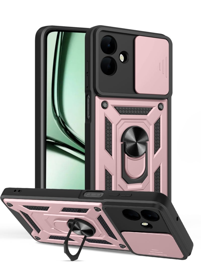 Shunjia Sliding Window Case, Shockproof Rugged Armor with Sliding Camera Cover & 360° Ring Kickstand, Compatible with Samsung A07 4G (Rose Gold) - Image 1