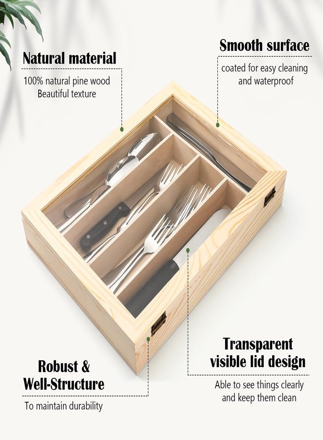 Baderke Rustic Wooden Silverware Organizer with Lid, 5 Slots, Kitchen Drawer Utensil Organizer, Cutlery Storage Case, Countertop - Image 2