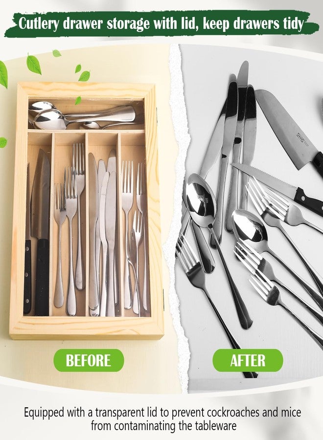 Baderke Rustic Wooden Silverware Organizer with Lid, 5 Slots, Kitchen Drawer Utensil Organizer, Cutlery Storage Case, Countertop - Image 3