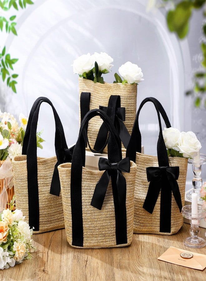 Clysee 6 Pcs Bridesmaid Straw Woven Tote Bags with Black Handles Ribbon Bow Reusable Beach Gift Bags Handbag for Wedding Shopping Bachelorette Party Favors, Beige, Black - Image 3
