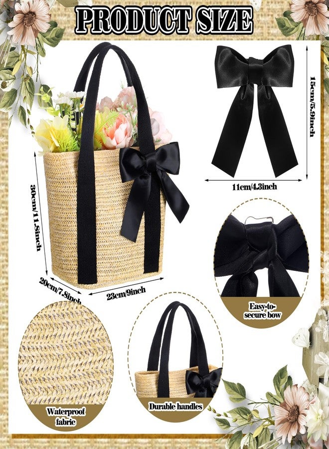 Clysee 6 Pcs Bridesmaid Straw Woven Tote Bags with Black Handles Ribbon Bow Reusable Beach Gift Bags Handbag for Wedding Shopping Bachelorette Party Favors, Beige, Black - Image 4