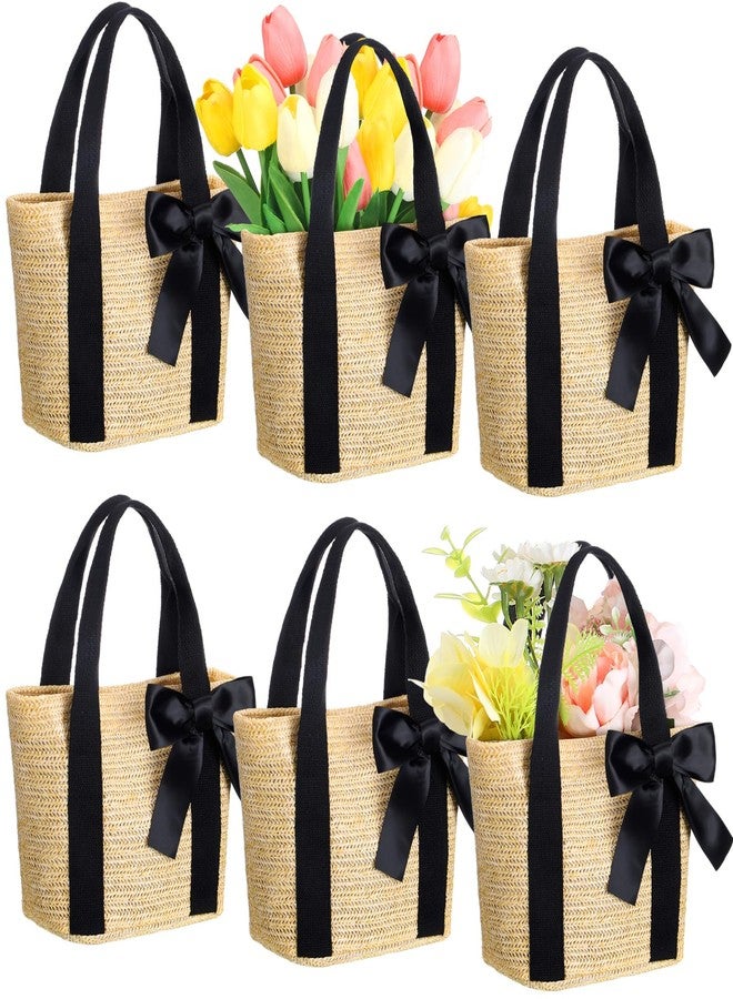 Clysee 6 Pcs Bridesmaid Straw Woven Tote Bags with Black Handles Ribbon Bow Reusable Beach Gift Bags Handbag for Wedding Shopping Bachelorette Party Favors, Beige, Black - Image 1