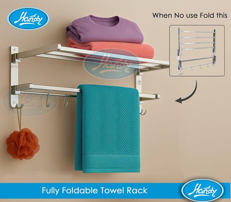 HANDY 18-Inch Stainless Steel Folding Towel Rack with Hook and Rod | Wall Mounted Bathroom Towel Stand | Chrome Finish Bathroom Accessory - Image 3