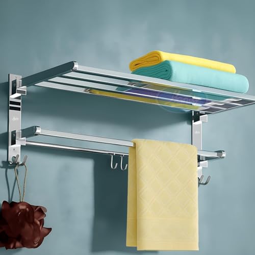 HANDY 18-Inch Stainless Steel Folding Towel Rack with Hook and Rod | Wall Mounted Bathroom Towel Stand | Chrome Finish Bathroom Accessory - Image 1