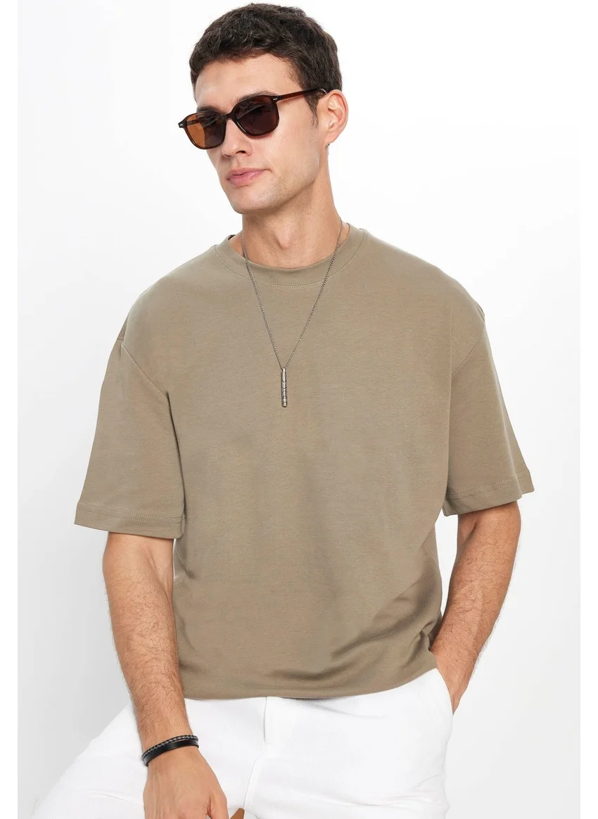 Tudors Unisex Oversize Wide Cut Cotton Soft Texture Basic Crew Neck Khaki T-Shirt