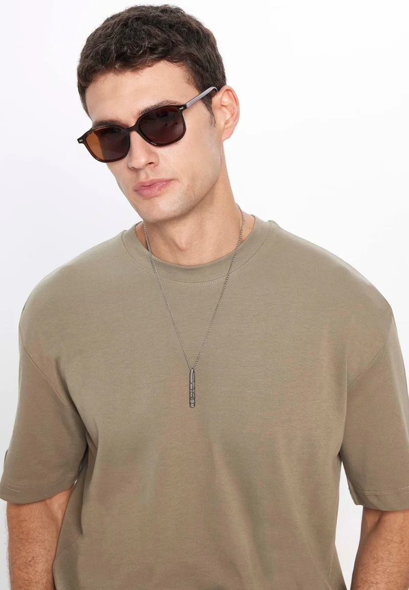 Tudors Unisex Oversize Wide Cut Cotton Soft Texture Basic Crew Neck Khaki T-Shirt