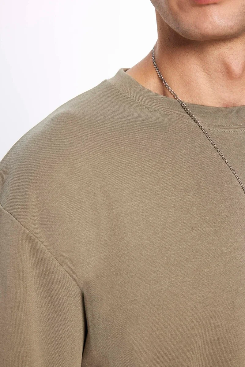 Tudors Unisex Oversize Wide Cut Cotton Soft Texture Basic Crew Neck Khaki T-Shirt