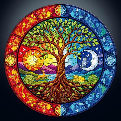 Artipuz 1000 Piece Round Jigsaw Puzzle for Adults Stained Glass Yin Yan Tree of Life 268 Diameter Brain Challenge Stress Relief Ideal Mindful Gift for Family Night Artistic Wall Decor - Image 1