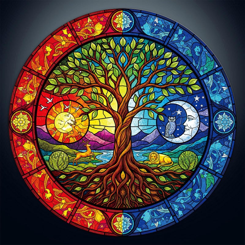 Artipuz 1000 Piece Round Jigsaw Puzzle for Adults Stained Glass Yin Yan Tree of Life 268 Diameter Brain Challenge Stress Relief Ideal Mindful Gift for Family Night Artistic Wall Decor - Image 3