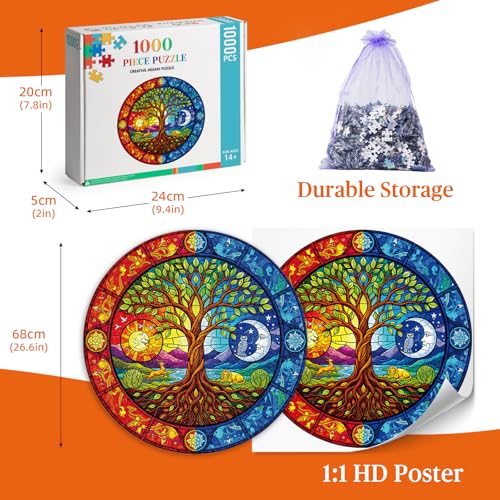 Artipuz 1000 Piece Round Jigsaw Puzzle for Adults Stained Glass Yin Yan Tree of Life 268 Diameter Brain Challenge Stress Relief Ideal Mindful Gift for Family Night Artistic Wall Decor - Image 5