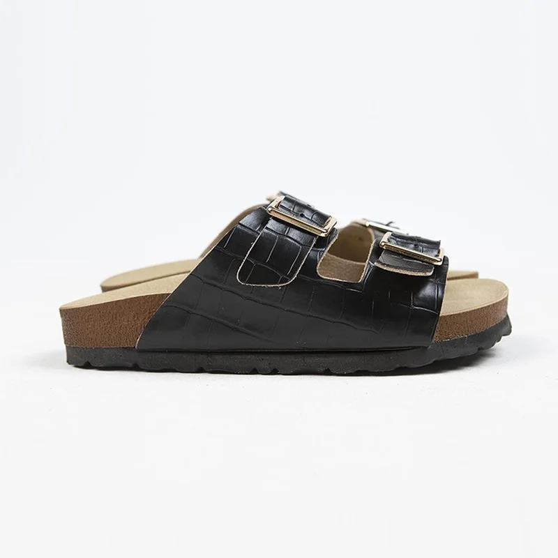 Manijero Manijero Croco Women's Genuine Leather Double Buckle Crocodile Black Slippers