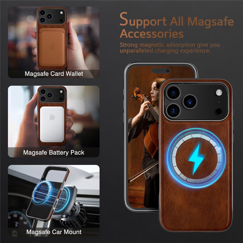 LOHASIC for iPhone 17 Pro Max Case, Classic Leather Strong Magnetic Business Style Compatible with MagSafe Protective Cases Men Women Cover 2025, Dark Brown - Image 3