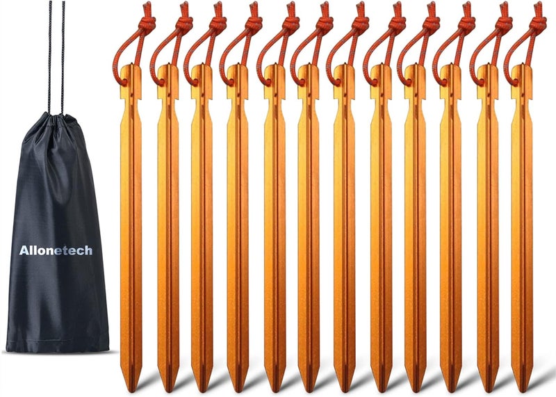 All one tech 12 Pack Tent Stakes, 7075 Ground Metal Camping Aluminum Tent Pegs, Lightweight Tent Stakes Heavy Duty Spikes Camping Accessories - Image 1