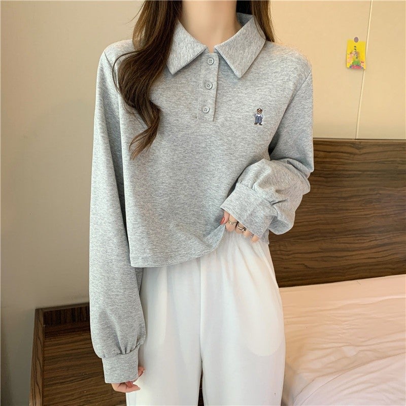Cross-border Polo Collar Sweatshirt Womens 2021 Spring and Autumn Thin Loose Korean-style Harajuku Hong Kong-style High Waist Short Top for Hair White  - Image 5