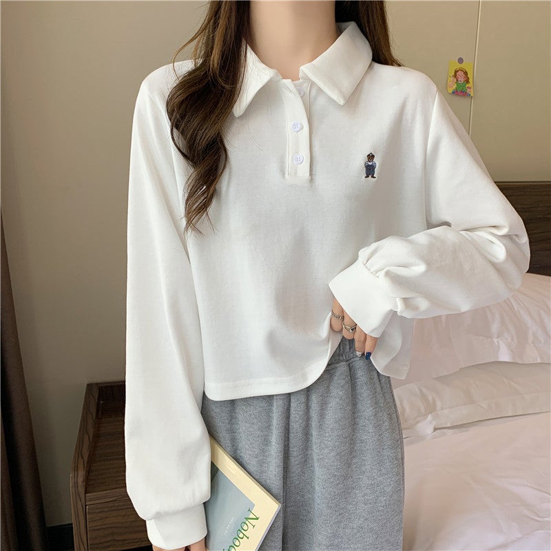 Cross-border Polo Collar Sweatshirt Womens 2021 Spring and Autumn Thin Loose Korean-style Harajuku Hong Kong-style High Waist Short Top for Hair White  - Image 1
