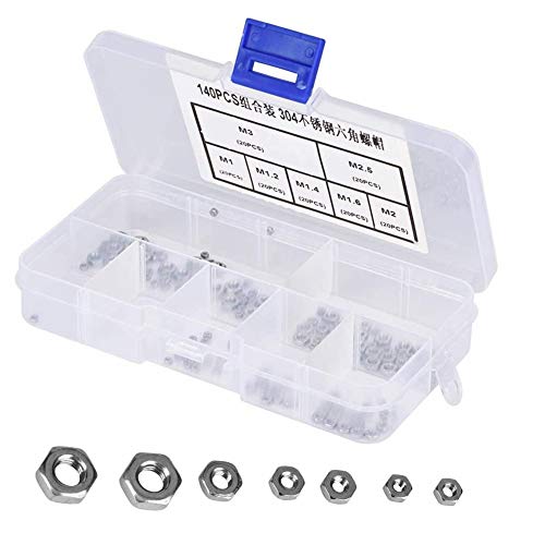 Hilitand 140pcs Hex Nuts M1/M1.2/M1.4/M1.6/M2/M2.5/M3 Stainless Steel Hexagonal Nuts Thread Fastener - Image 1