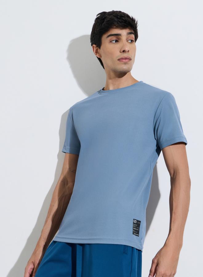 Styli Blue Solid Patchwork Detail Regular Fit Active T-Shirt - Image 1