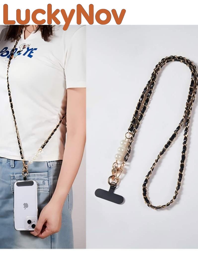 حبل هاتف، سلسلة هاتف محمول معدنية لؤلؤية للنساء والفتيات حزام كروس بودي مضاد للسرقة حبال هاتف محمول قابلة للفصل حول الرقبة مع رقع لمعظم الهواتف الذكية - أسود - Image 1