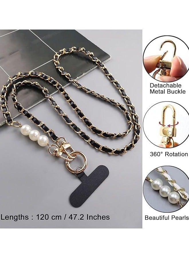 حبل هاتف، سلسلة هاتف محمول معدنية لؤلؤية للنساء والفتيات حزام كروس بودي مضاد للسرقة حبال هاتف محمول قابلة للفصل حول الرقبة مع رقع لمعظم الهواتف الذكية - أسود - Image 4