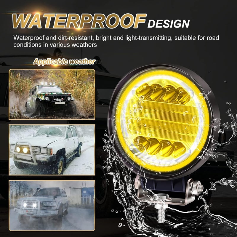 Ourbest أفضل مصابيح LED بحجم 4.5 بوصة، مزيج ضوء الطرق الوعرة الدائري من نوع سبوت وفلود مع حلقة عين الملاك الزرقاء، مصباح عمل للسقف وأضواء قيادة للشاحنات والجرارات، مع حلقة صفراء. - Image 3