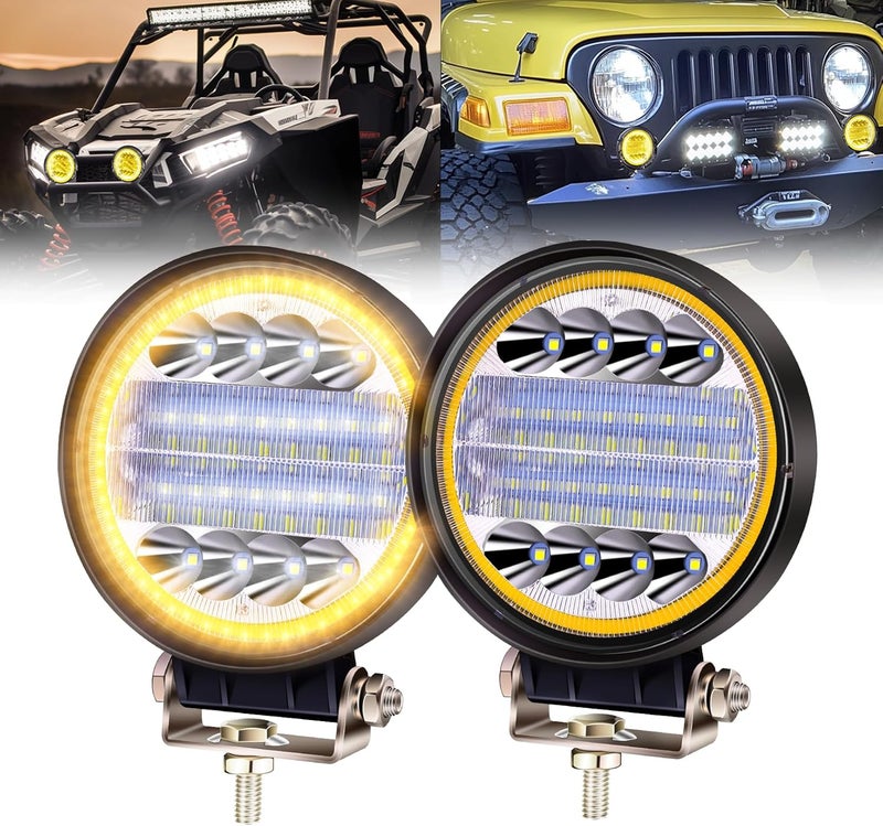 Ourbest أفضل مصابيح LED بحجم 4.5 بوصة، مزيج ضوء الطرق الوعرة الدائري من نوع سبوت وفلود مع حلقة عين الملاك الزرقاء، مصباح عمل للسقف وأضواء قيادة للشاحنات والجرارات، مع حلقة صفراء. - Image 1