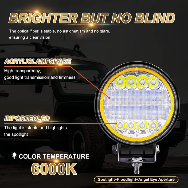 Ourbest أفضل مصابيح LED بحجم 4.5 بوصة، مزيج ضوء الطرق الوعرة الدائري من نوع سبوت وفلود مع حلقة عين الملاك الزرقاء، مصباح عمل للسقف وأضواء قيادة للشاحنات والجرارات، مع حلقة صفراء. - Image 2