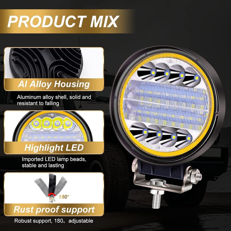 Ourbest أفضل مصابيح LED بحجم 4.5 بوصة، مزيج ضوء الطرق الوعرة الدائري من نوع سبوت وفلود مع حلقة عين الملاك الزرقاء، مصباح عمل للسقف وأضواء قيادة للشاحنات والجرارات، مع حلقة صفراء. - Image 4