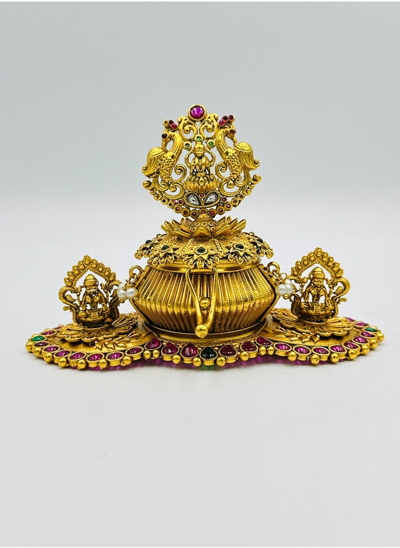 Swadesh Souq Handcrafted Brass Kumkum Box with Floral Design and KempstonesSindoor Dibbi | Kumkum Box | Sindur Dani | Decoration Box For Gift  - Image 1