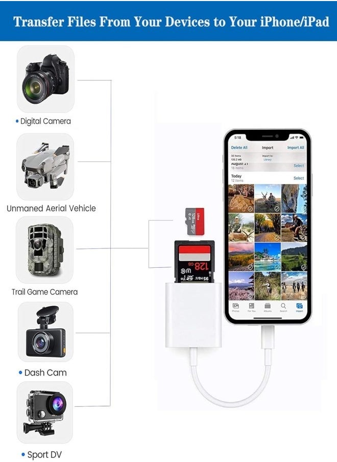 SD Card Reader for iPhone/iPad, 2 in 1 Dual Slot Lightning to SD/TF Card Camera Memory Card Reader Adapter for iPhone 14/13/12/11/X/XS/XR/8/7 iPad,Quickly Transfer Photos Videos