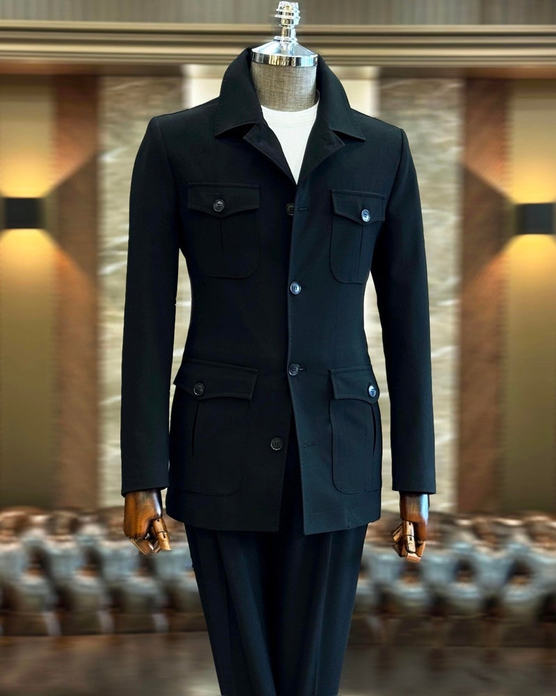 Terzi Adem Altun Tailor Adem Altun Italian Style Slim Fit Safari Jacket Trouser Suit Black T11957  - Image 1