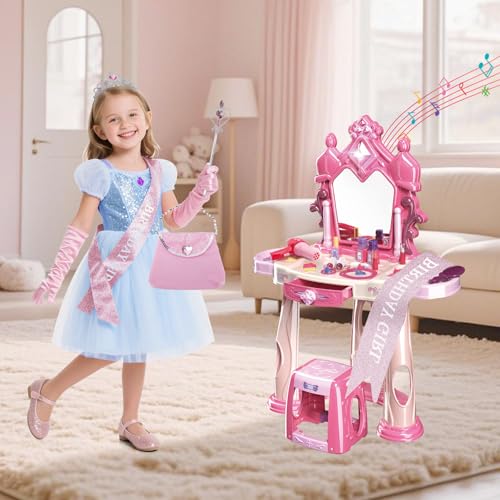 deAO Toddler Vanity Makeup Table Toy with Mirror ChairKids Vanity withPretend Play Makeup Toy with Hair Dryer ToyToddler Beauty Salon SetGift for Girls 3 4 5 - Image 5