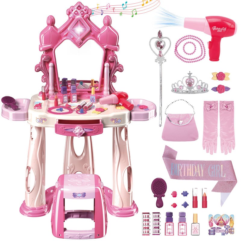 deAO Toddler Vanity Makeup Table Toy with Mirror ChairKids Vanity withPretend Play Makeup Toy with Hair Dryer ToyToddler Beauty Salon SetGift for Girls 3 4 5 - Image 3