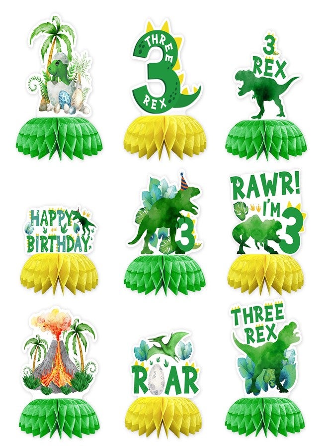 Grencian 9 Pcs Three Rex Birthday Party Decorations Dinosaur 3rd Birthday Honeycomb Centerpieces Three Rex Dinosaur Table Toppers for Boys Dino 3 Year Old Party Supplies Table Decorations - Image 1