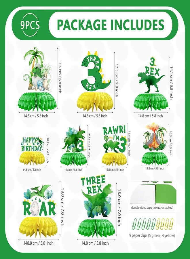 Grencian 9 Pcs Three Rex Birthday Party Decorations Dinosaur 3rd Birthday Honeycomb Centerpieces Three Rex Dinosaur Table Toppers for Boys Dino 3 Year Old Party Supplies Table Decorations - Image 2