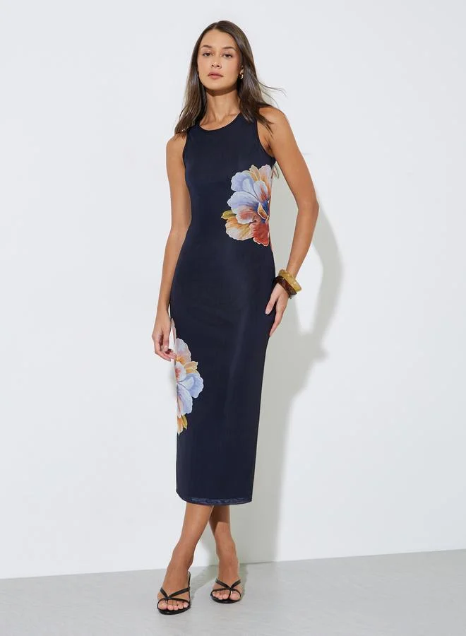 Black Floral Print Sleeveless Bodycon Maxi Dress